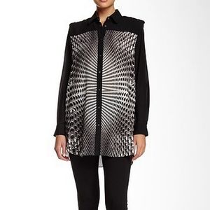 L.A.M.B. Techno Dot Print Black Silky Georgette Tunic Blouse Top NWOT XS